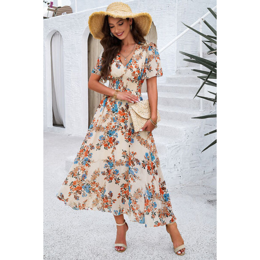 Smocked Floral V - Neck Short Sleeve Dress Apparel and Accessories