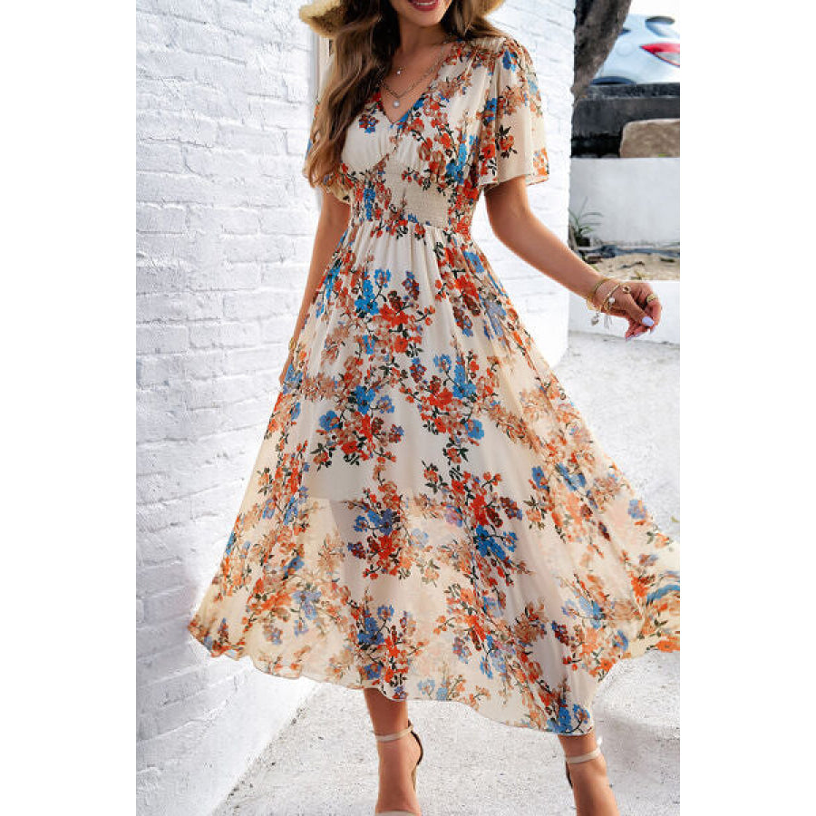 Smocked Floral V - Neck Short Sleeve Dress Apparel and Accessories