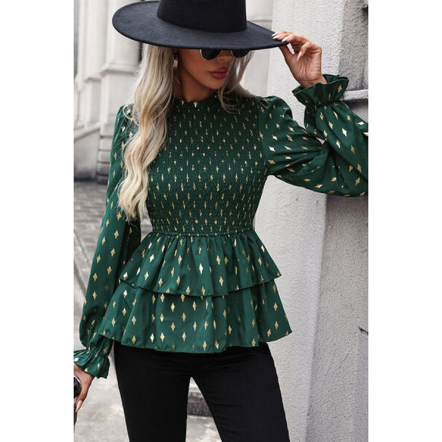 Smocked Flounce Sleeve Layered Blouse Clothing