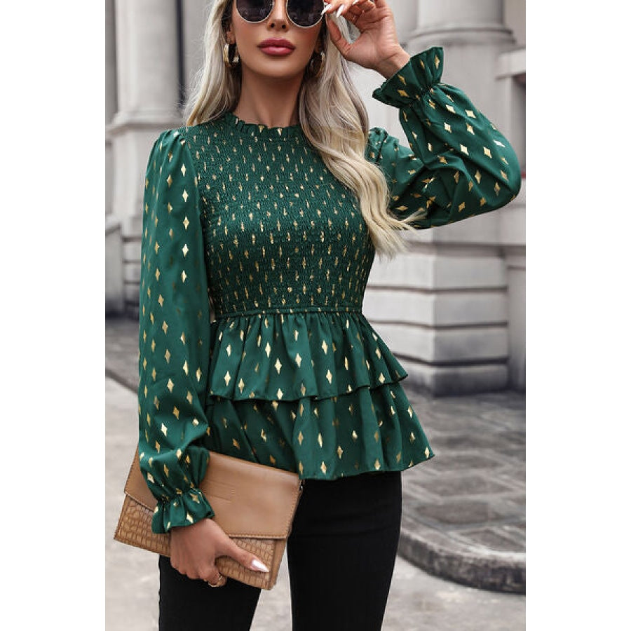 Smocked Flounce Sleeve Layered Blouse Green / S Clothing