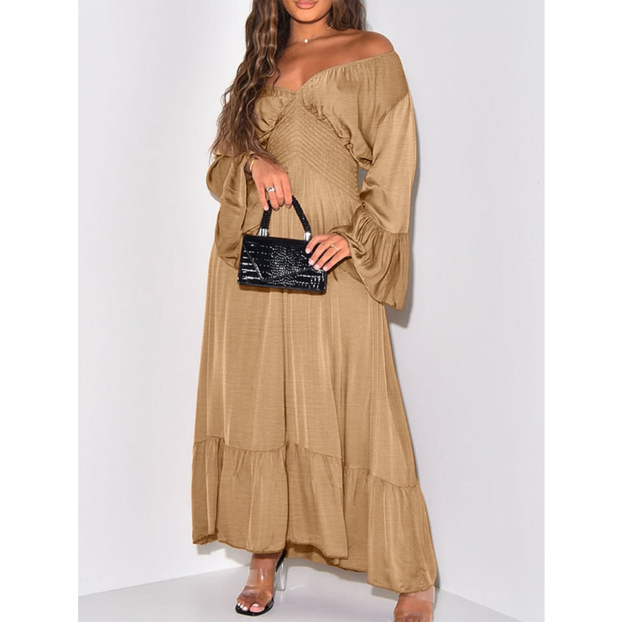 Smocked Flounce Sleeve Maxi Dress Apparel and Accessories