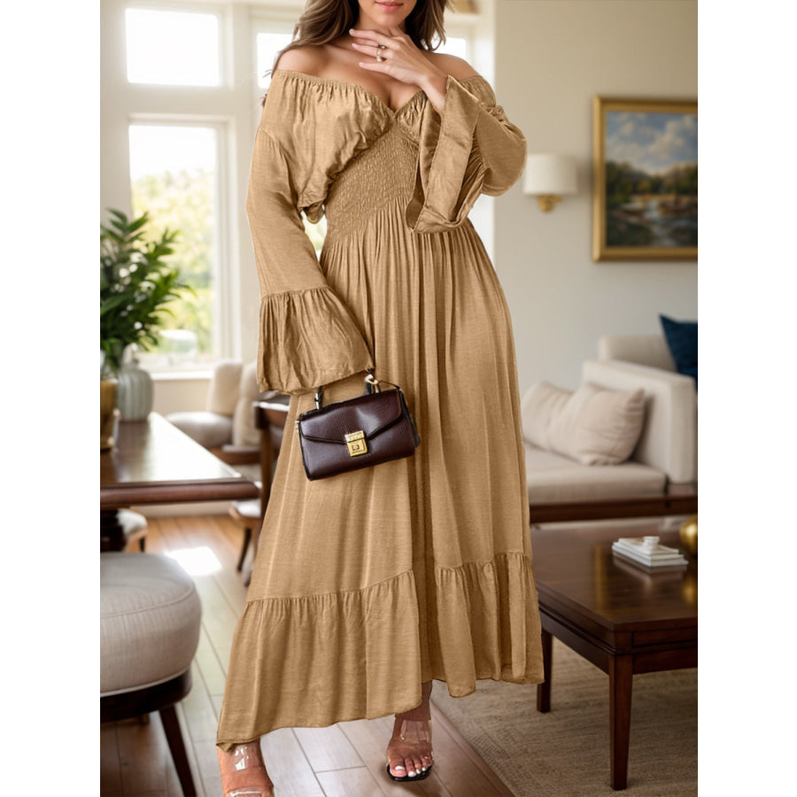 Smocked Flounce Sleeve Maxi Dress Camel / S Apparel and Accessories