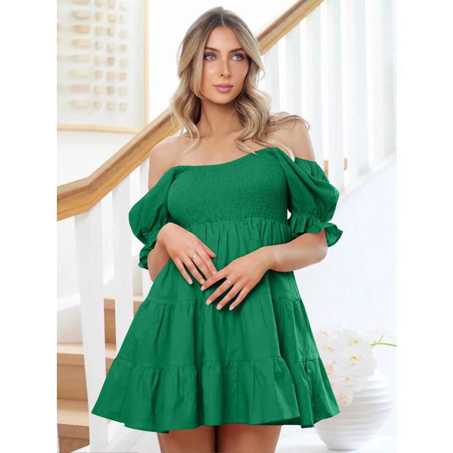 Smocked Flounce Sleeve Mini Dress Apparel and Accessories