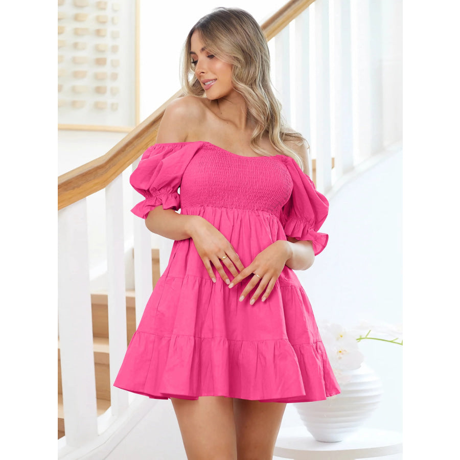 Smocked Flounce Sleeve Mini Dress Apparel and Accessories