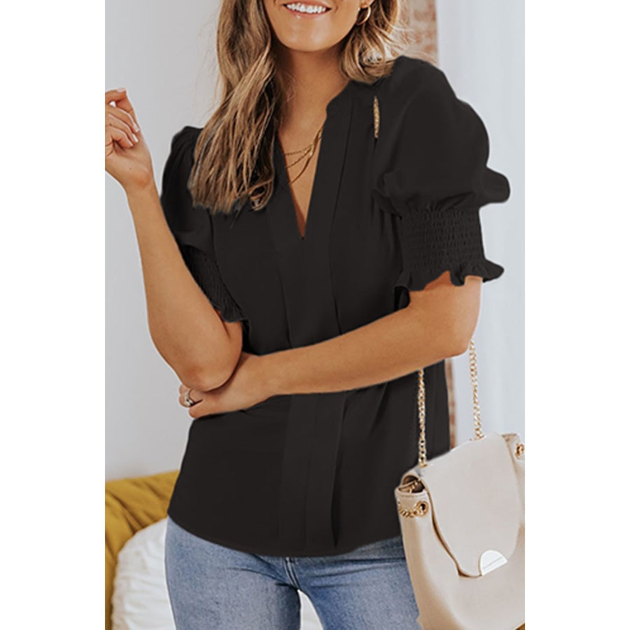 Smocked Flounce Sleeve Notched Neck Blouse Black / S