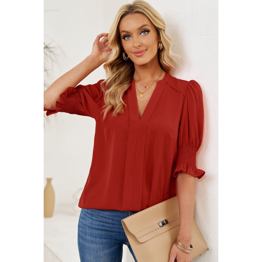 Smocked Flounce Sleeve Notched Neck Blouse Deep Red / S