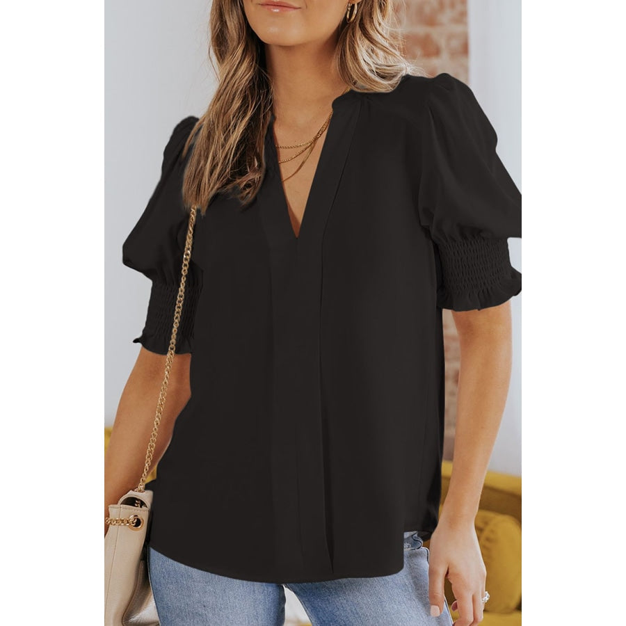 Smocked Flounce Sleeve Notched Neck Blouse