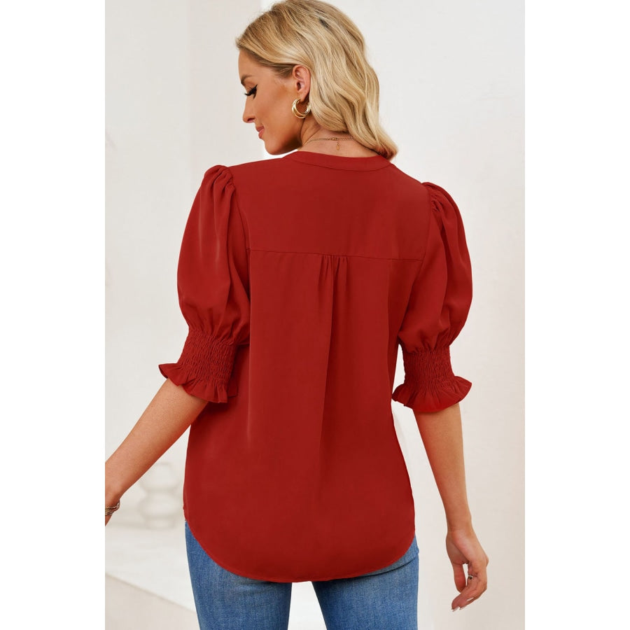 Smocked Flounce Sleeve Notched Neck Blouse