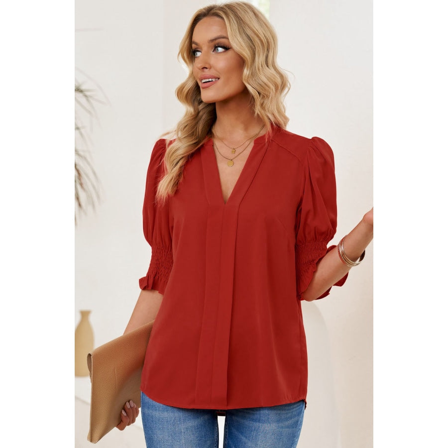 Smocked Flounce Sleeve Notched Neck Blouse