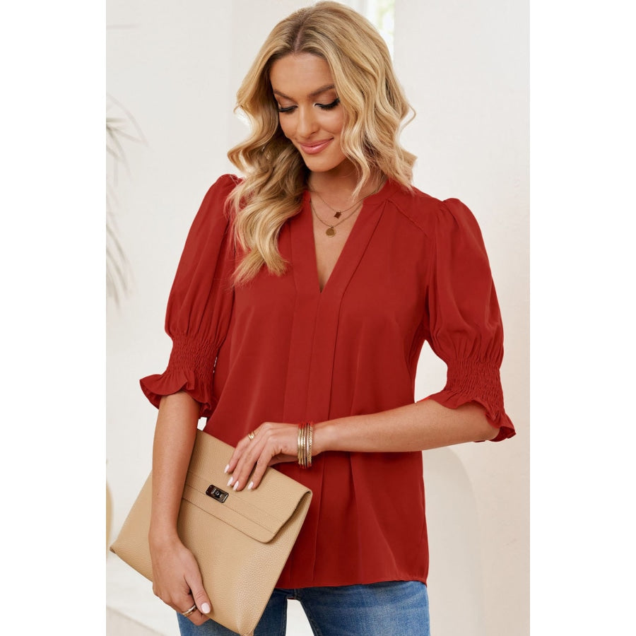 Smocked Flounce Sleeve Notched Neck Blouse