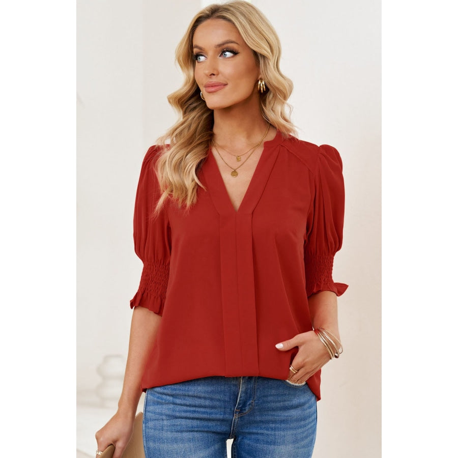 Smocked Flounce Sleeve Notched Neck Blouse