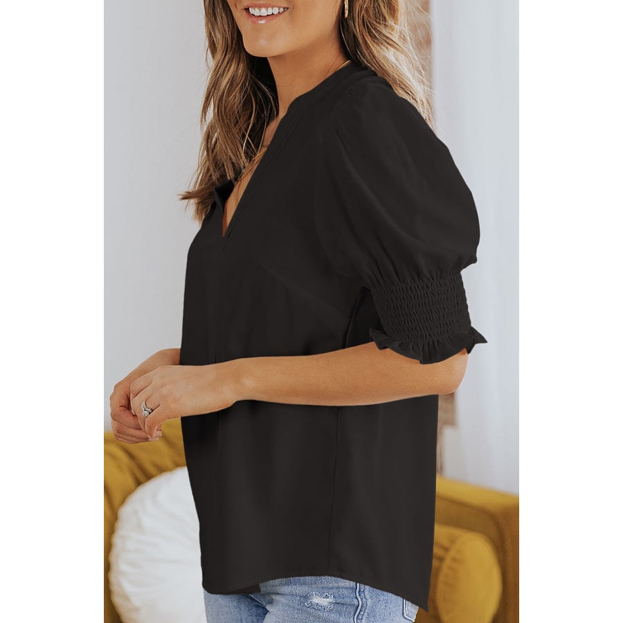 Smocked Flounce Sleeve Notched Neck Blouse