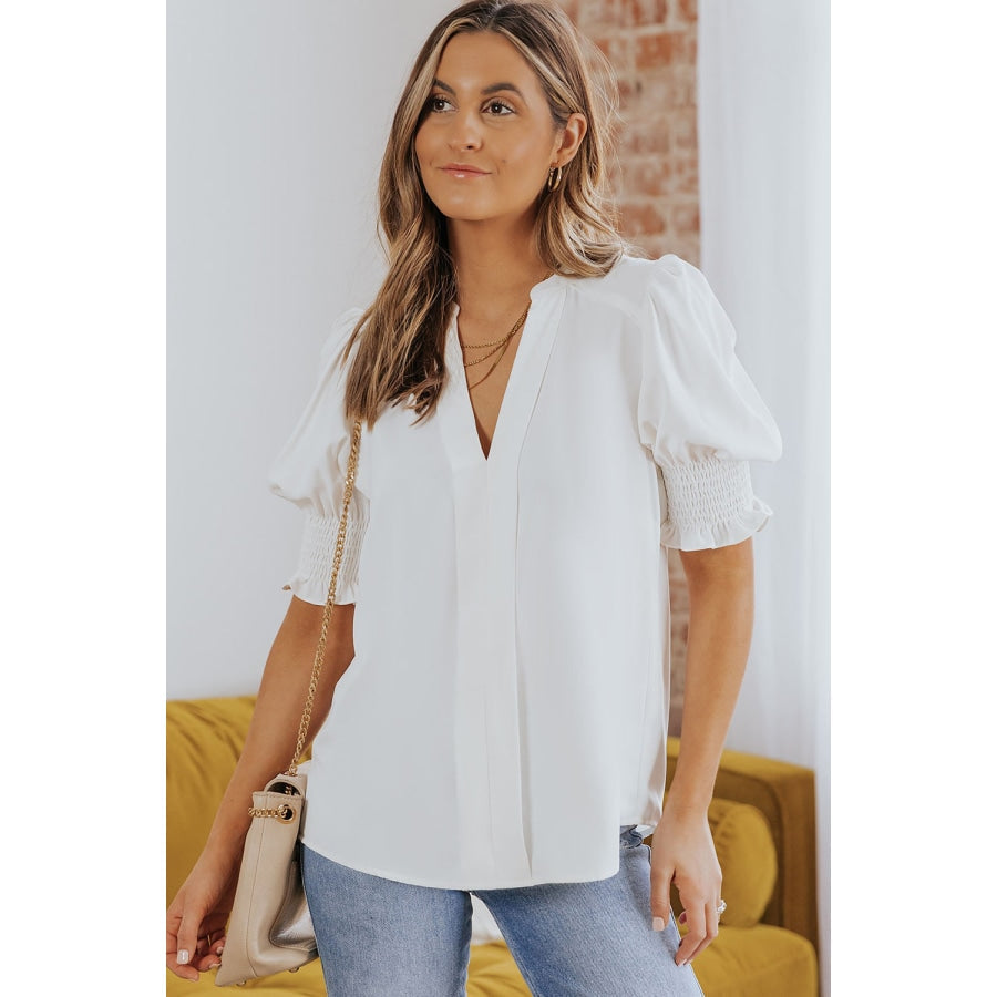 Smocked Flounce Sleeve Notched Neck Blouse