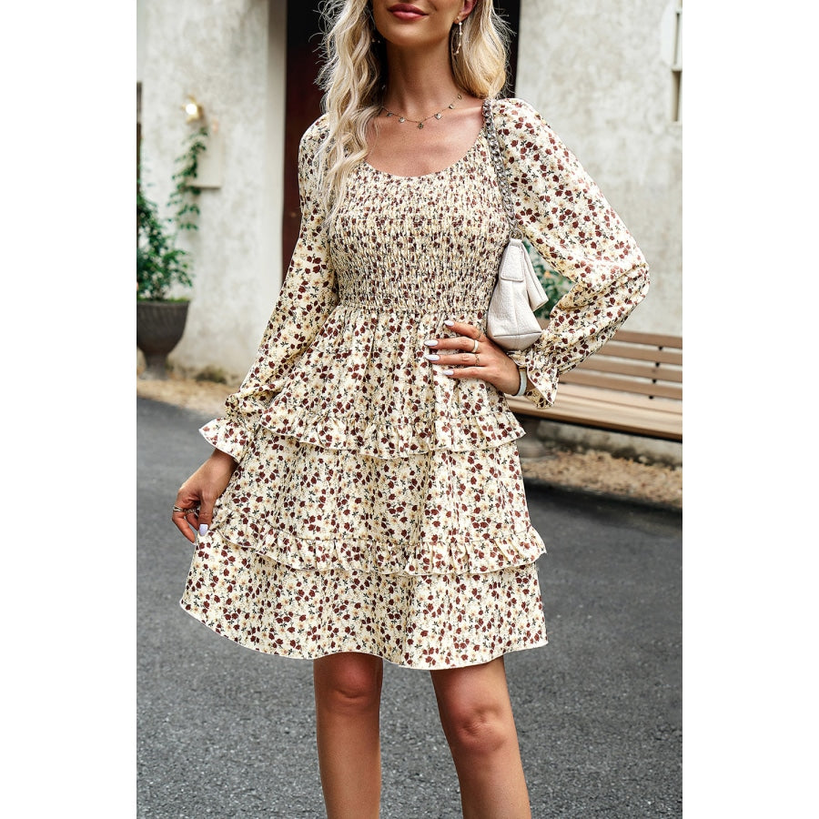 Smocked Flounce Sleeve Ruffled Dress