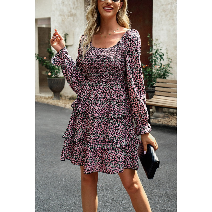 Smocked Flounce Sleeve Ruffled Dress