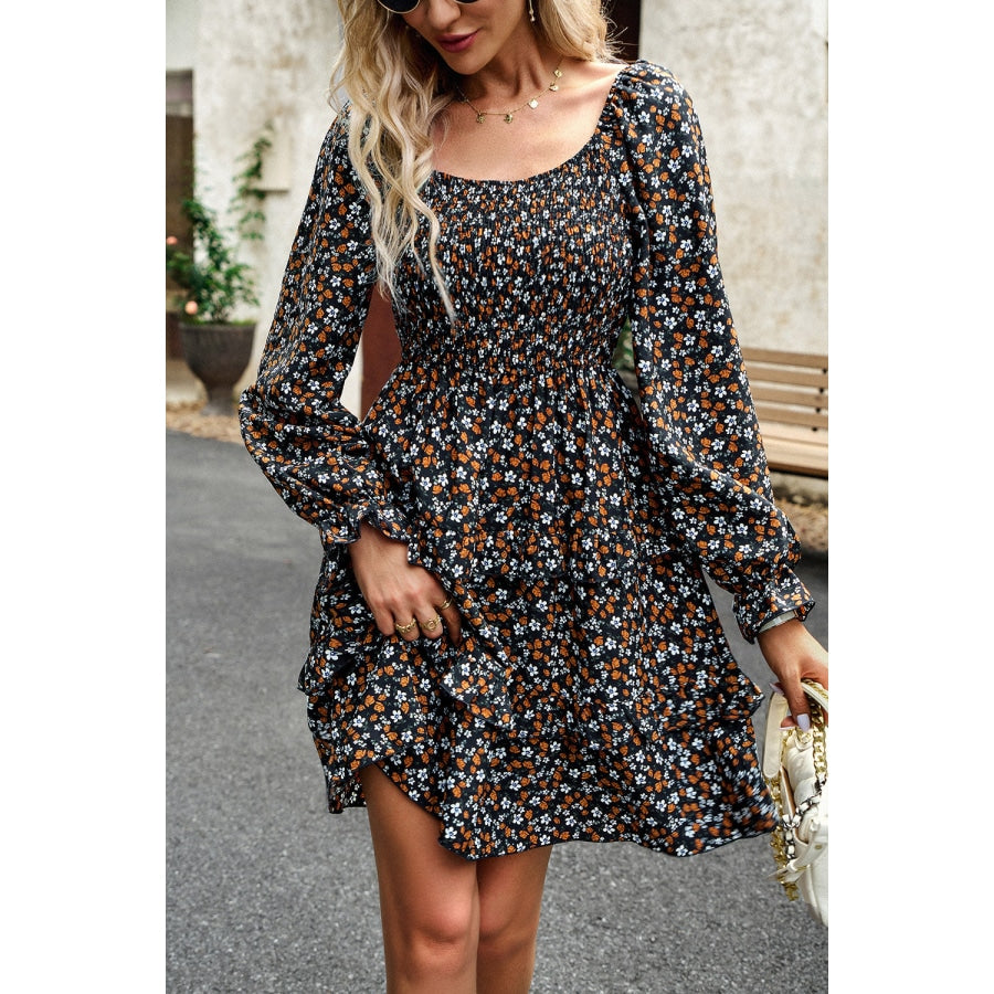 Smocked Flounce Sleeve Ruffled Dress