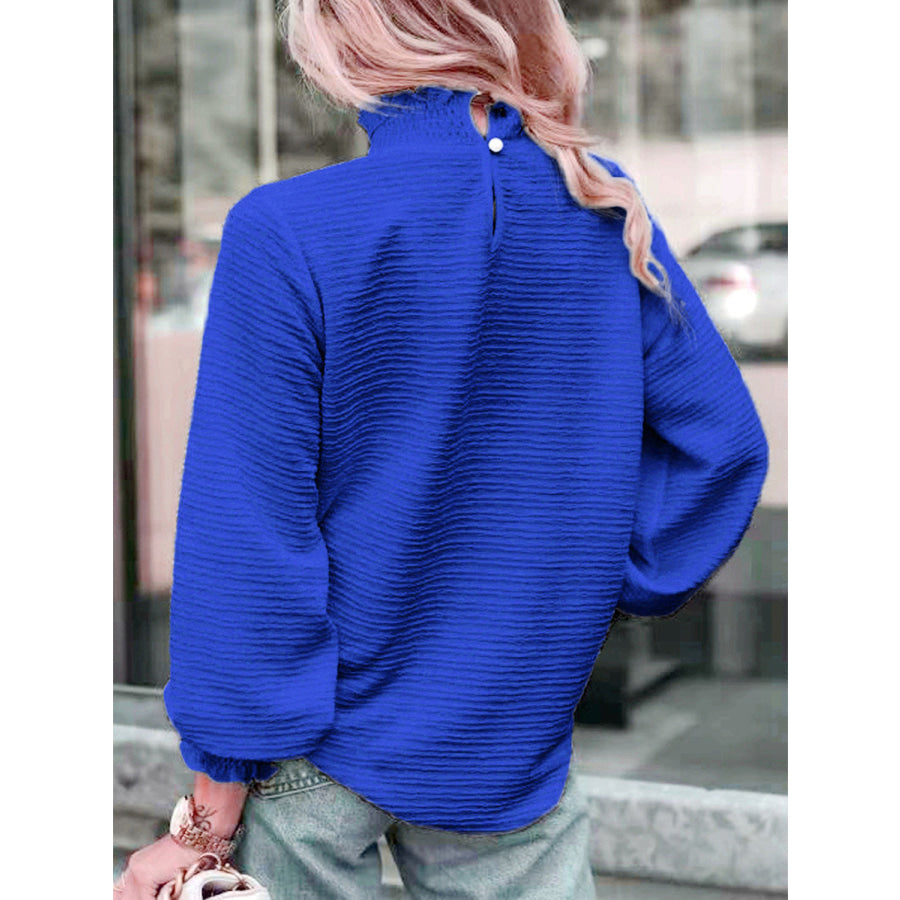 Smocked Frill Mock Neck Long Sleeve Blouse Apparel and Accessories