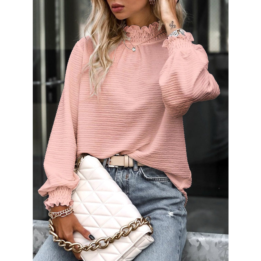 Smocked Frill Mock Neck Long Sleeve Blouse Apparel and Accessories