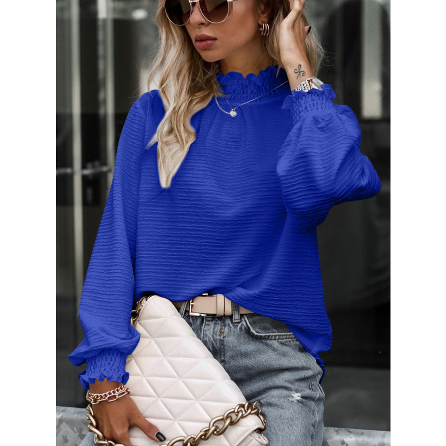 Smocked Frill Mock Neck Long Sleeve Blouse Apparel and Accessories