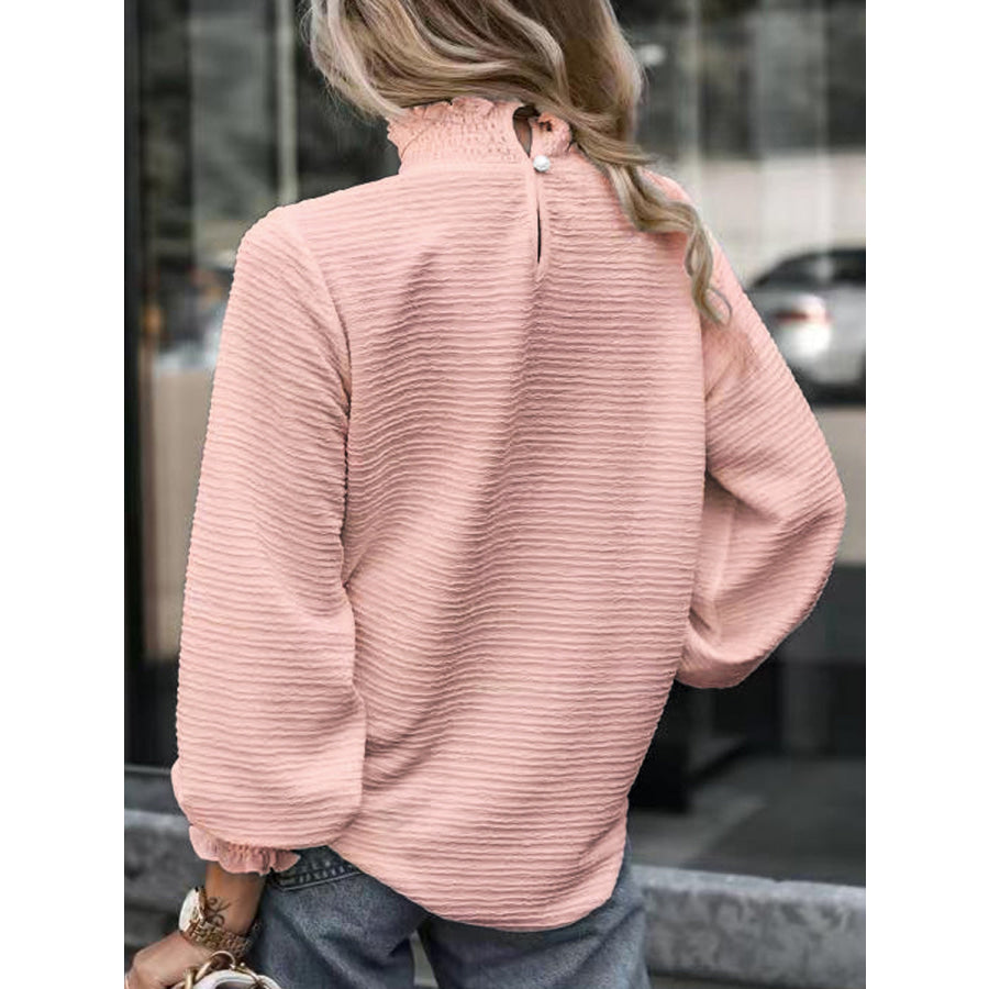 Smocked Frill Mock Neck Long Sleeve Blouse Apparel and Accessories