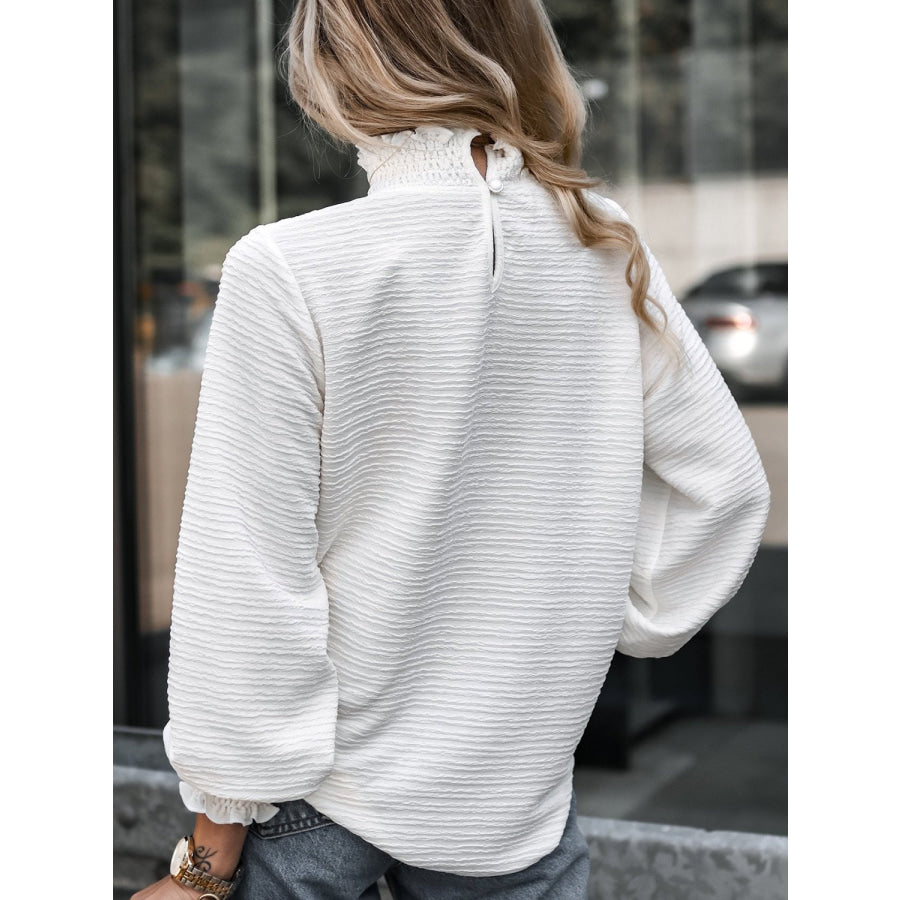 Smocked Frill Mock Neck Long Sleeve Blouse Apparel and Accessories