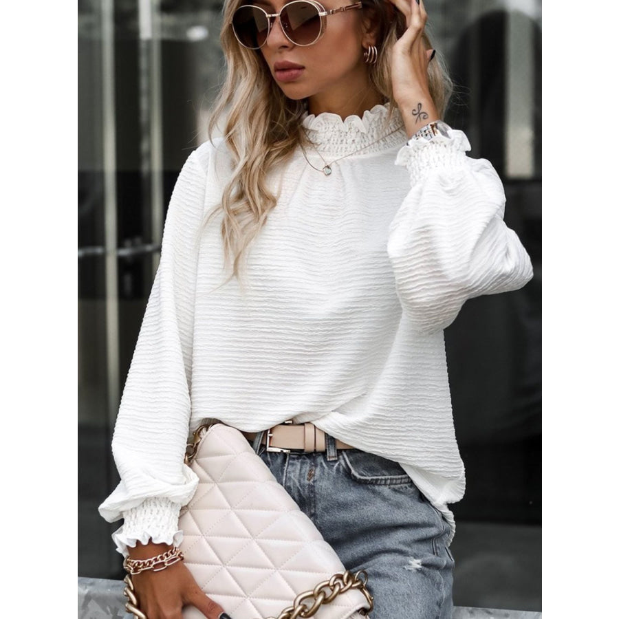 Smocked Frill Mock Neck Long Sleeve Blouse Apparel and Accessories