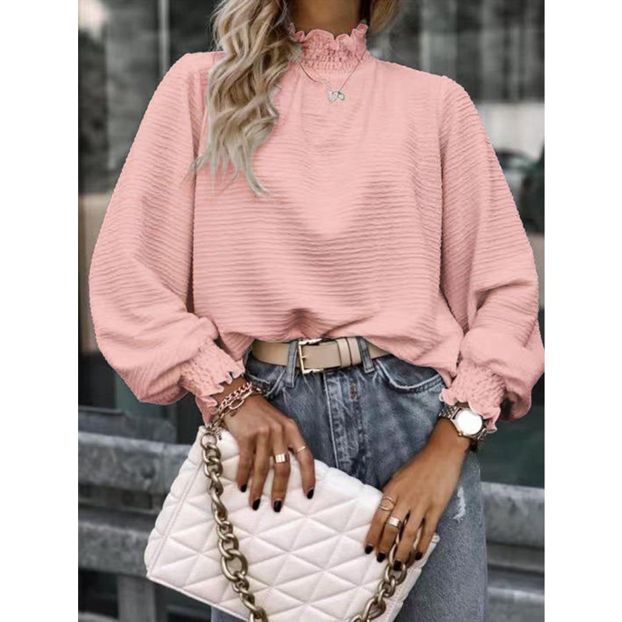 Smocked Frill Mock Neck Long Sleeve Blouse Dusty Pink / S Apparel and Accessories