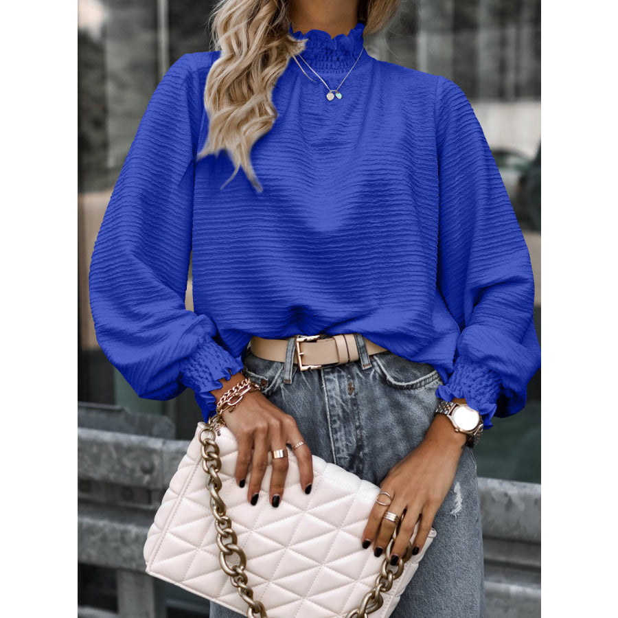 Smocked Frill Mock Neck Long Sleeve Blouse Royal Blue / S Apparel and Accessories