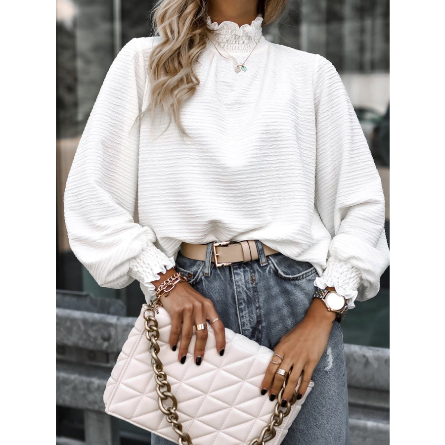 Smocked Frill Mock Neck Long Sleeve Blouse White / S Apparel and Accessories