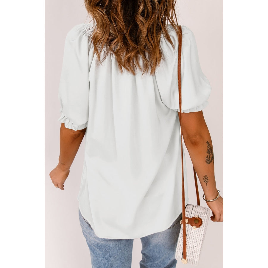 Smocked Frill Trim Flounce Sleeve Blouse White / S