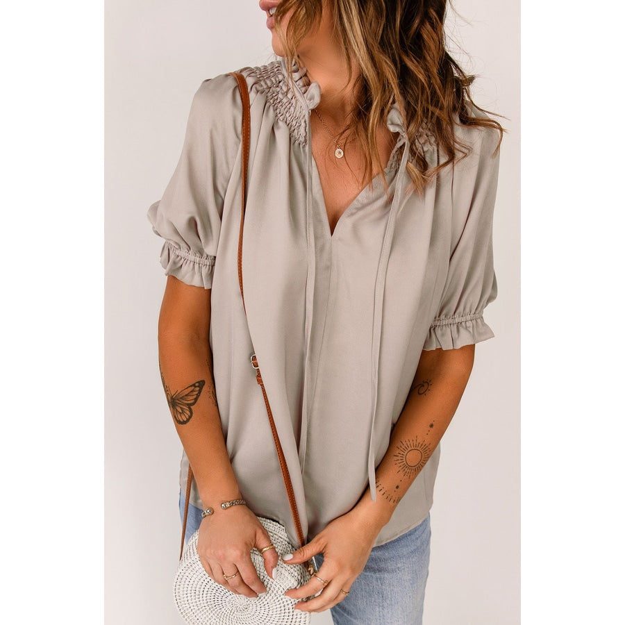 Smocked Frill Trim Flounce Sleeve Blouse