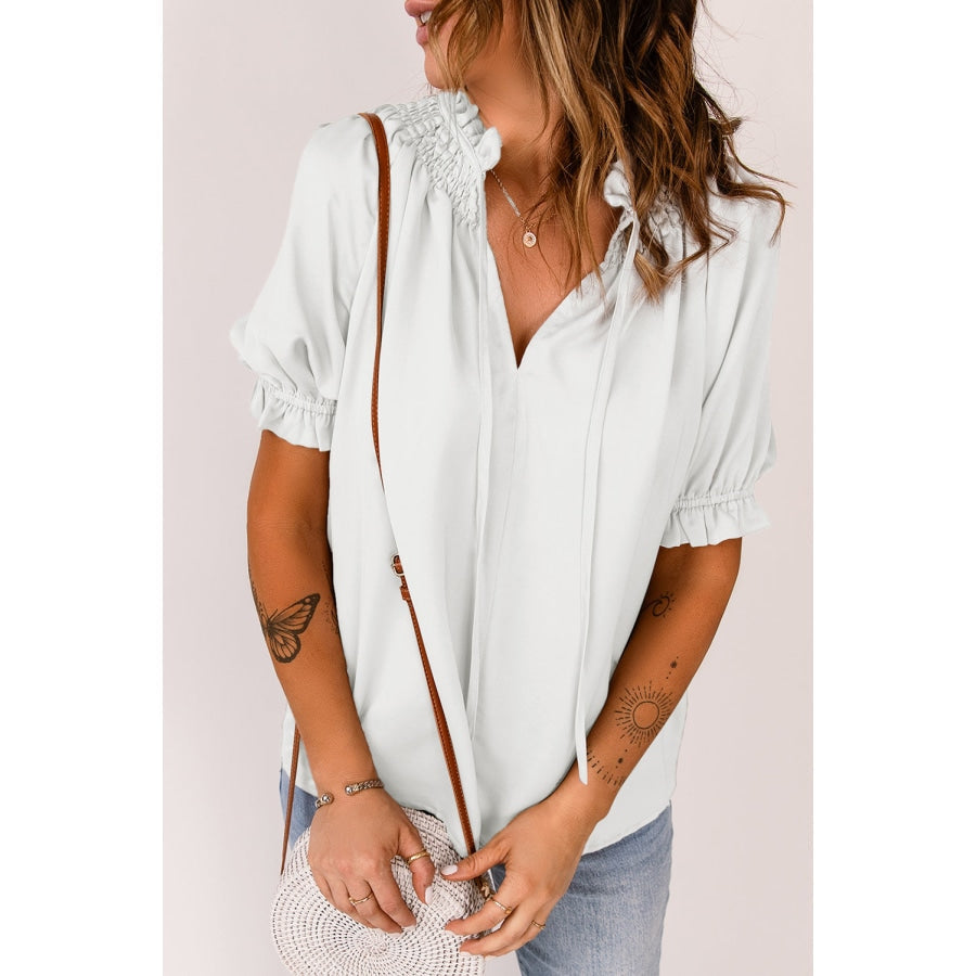 Smocked Frill Trim Flounce Sleeve Blouse White / S