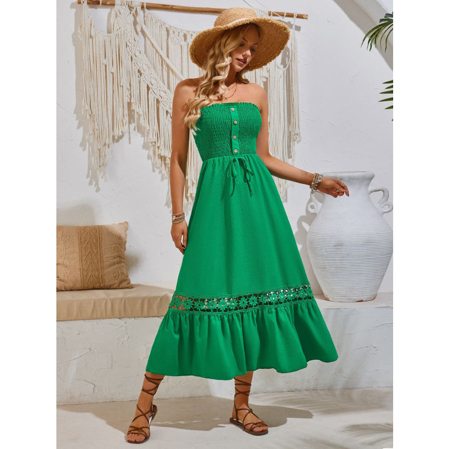 Smocked Frill Tube Midi Dress Green / S Apparel and Accessories