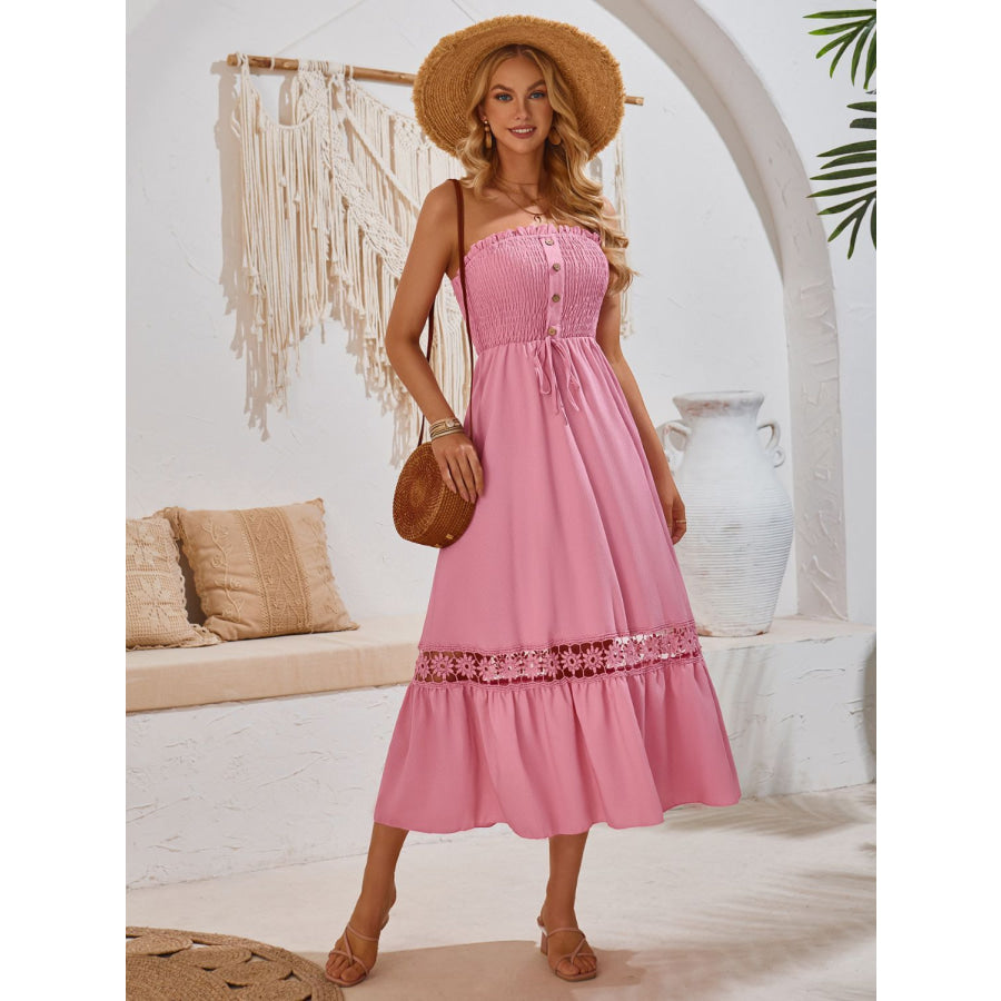 Smocked Frill Tube Midi Dress Pink / S Apparel and Accessories