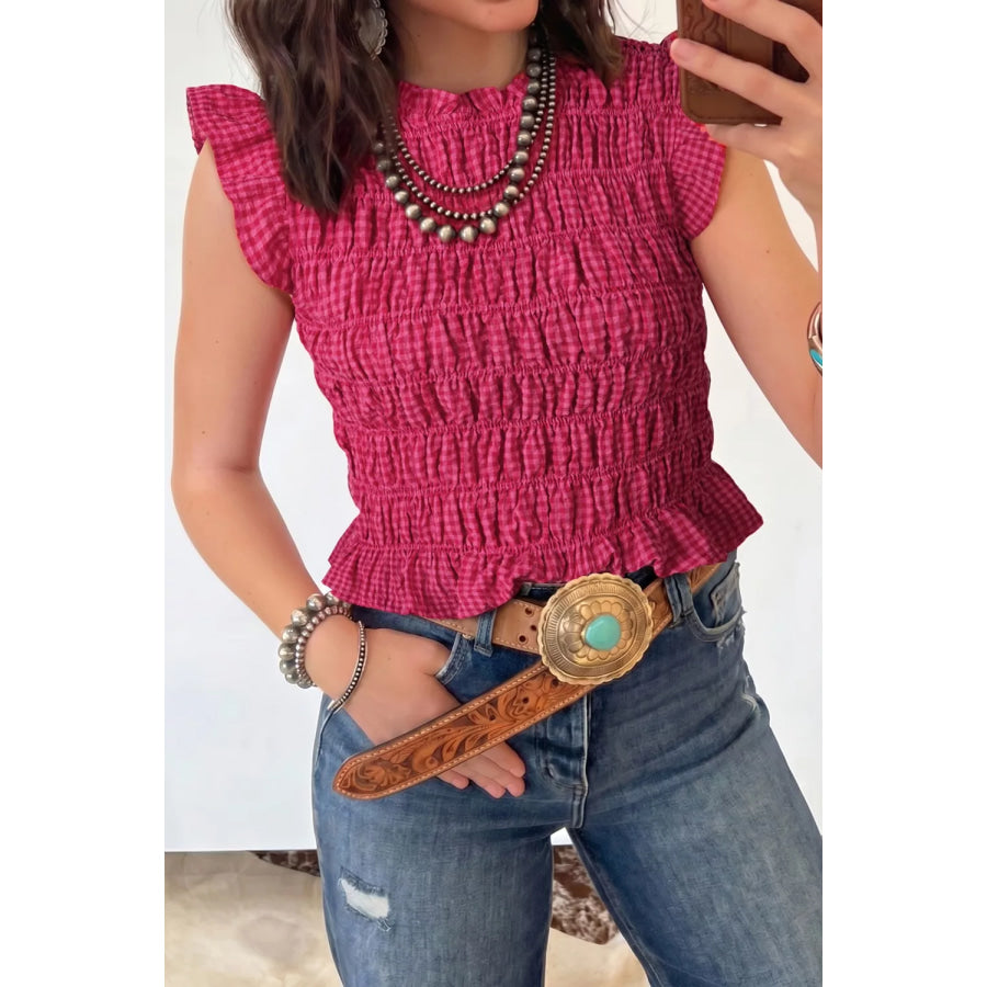 Smocked Gingham Ruffle Sleeve Tank Apparel and Accessories