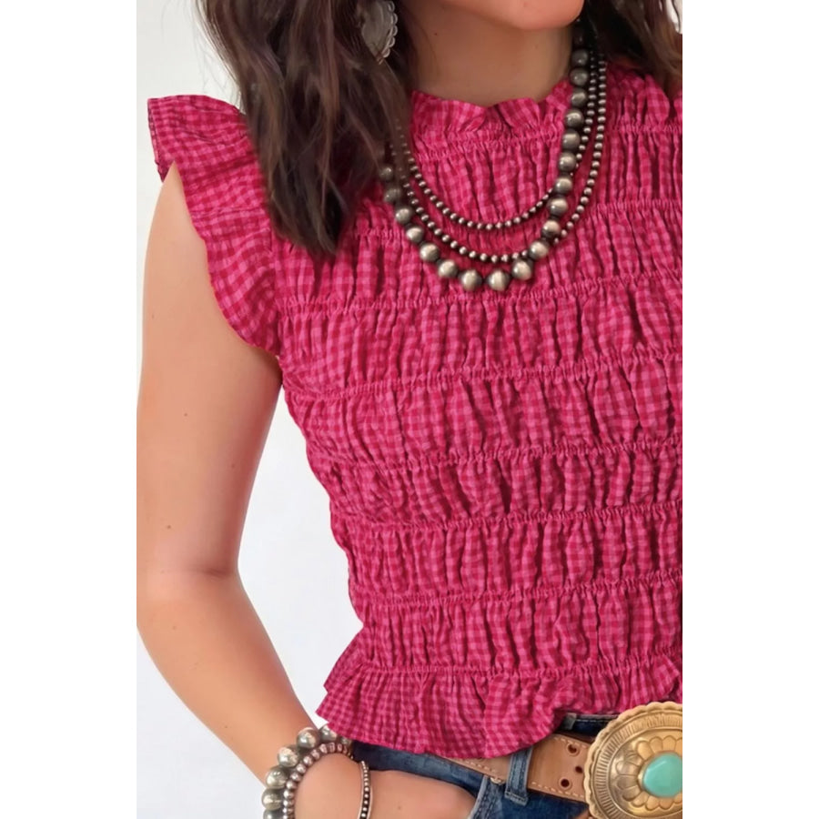 Smocked Gingham Ruffle Sleeve Tank Apparel and Accessories
