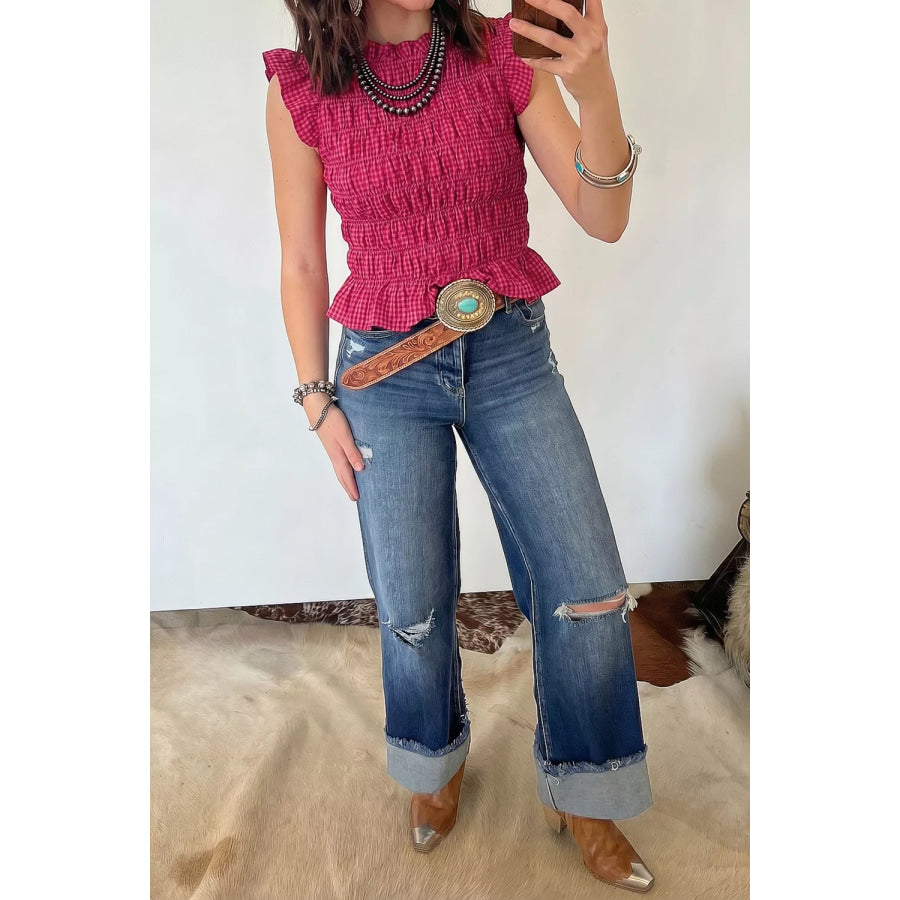 Smocked Gingham Ruffle Sleeve Tank Cerise / S Apparel and Accessories