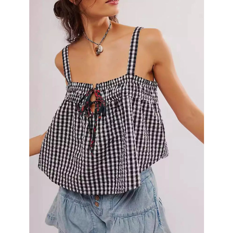 Smocked Gingham Tie-Front Cami Black / S Apparel and Accessories