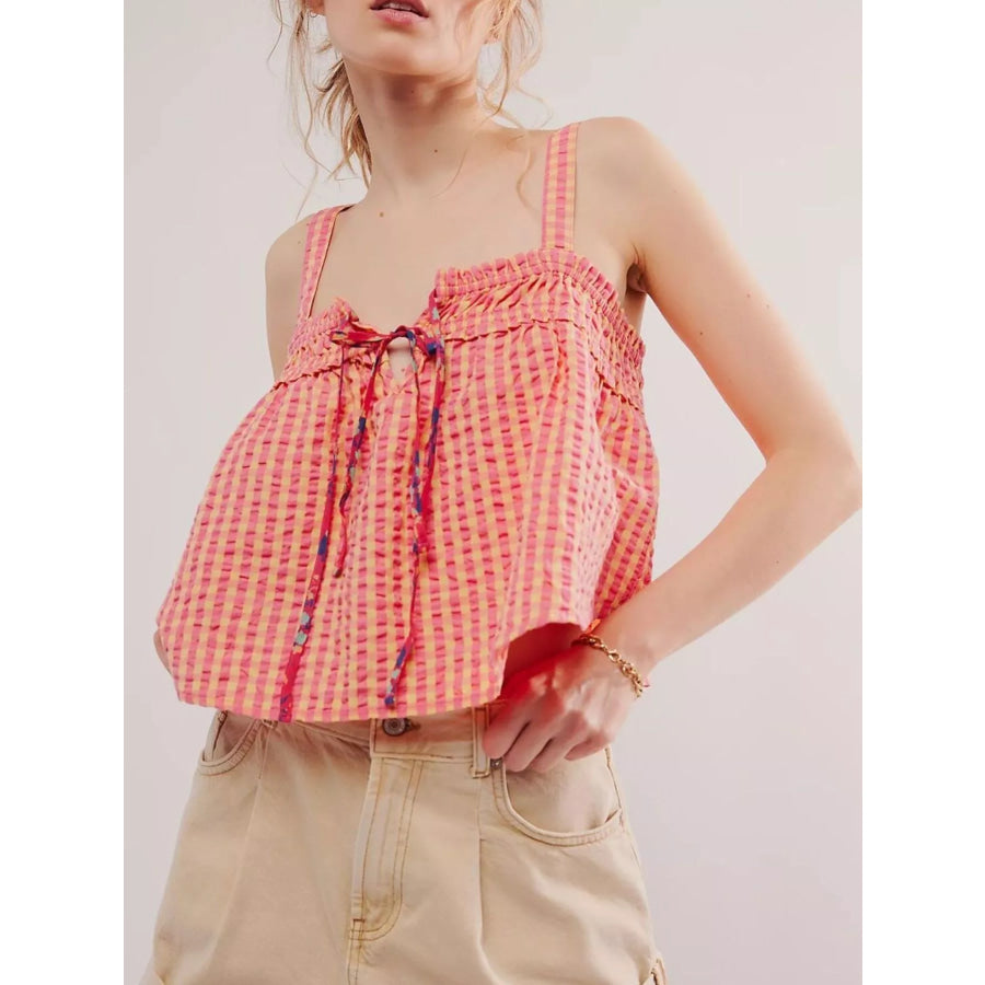 Smocked Gingham Tie-Front Cami Sherbet / S Apparel and Accessories