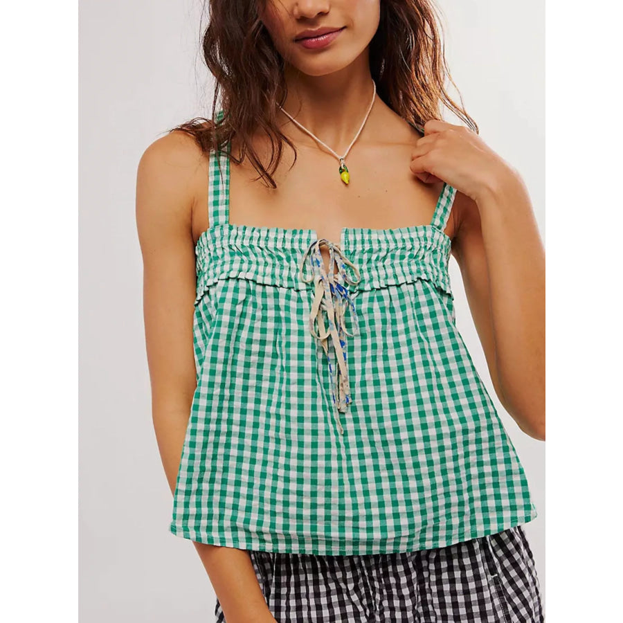 Smocked Gingham Tie-Front Cami Turquoise / S Apparel and Accessories