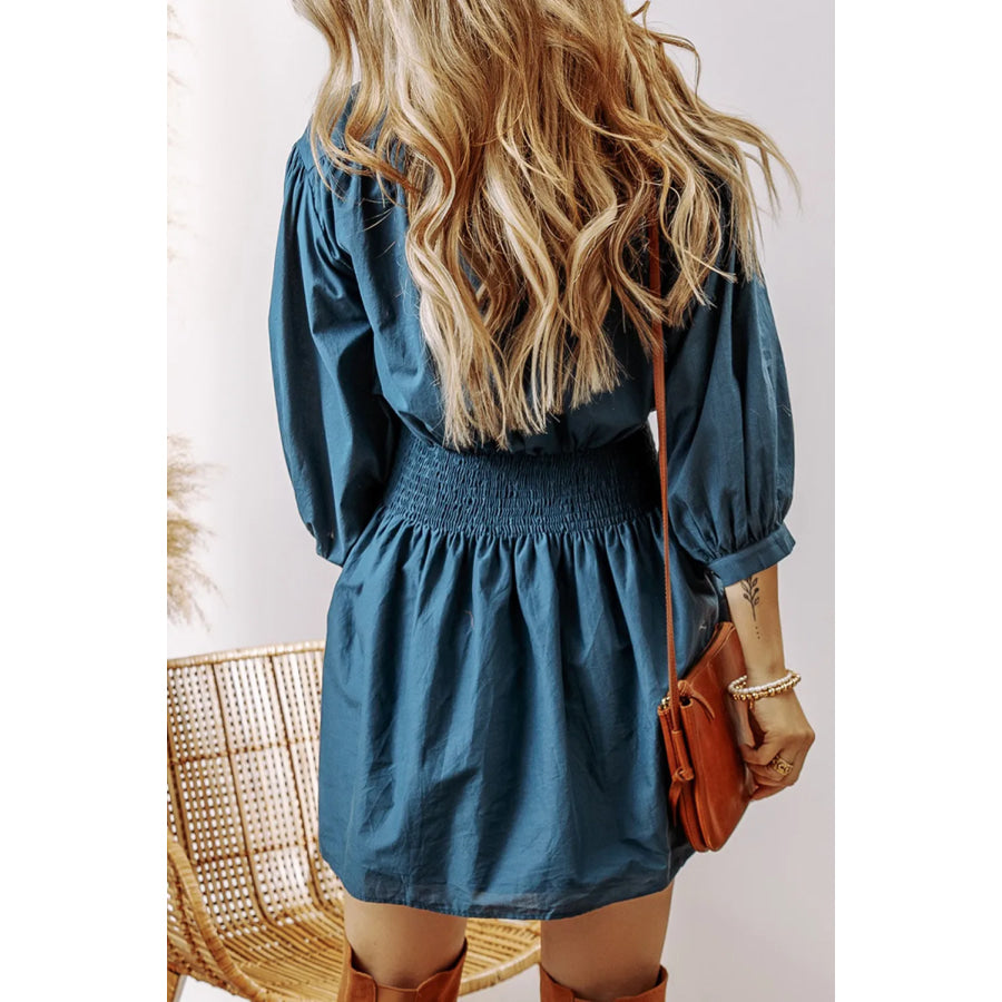 Smocked Half Button Three-Quarter Sleeve Mini Dress French Blue / S Apparel and Accessories