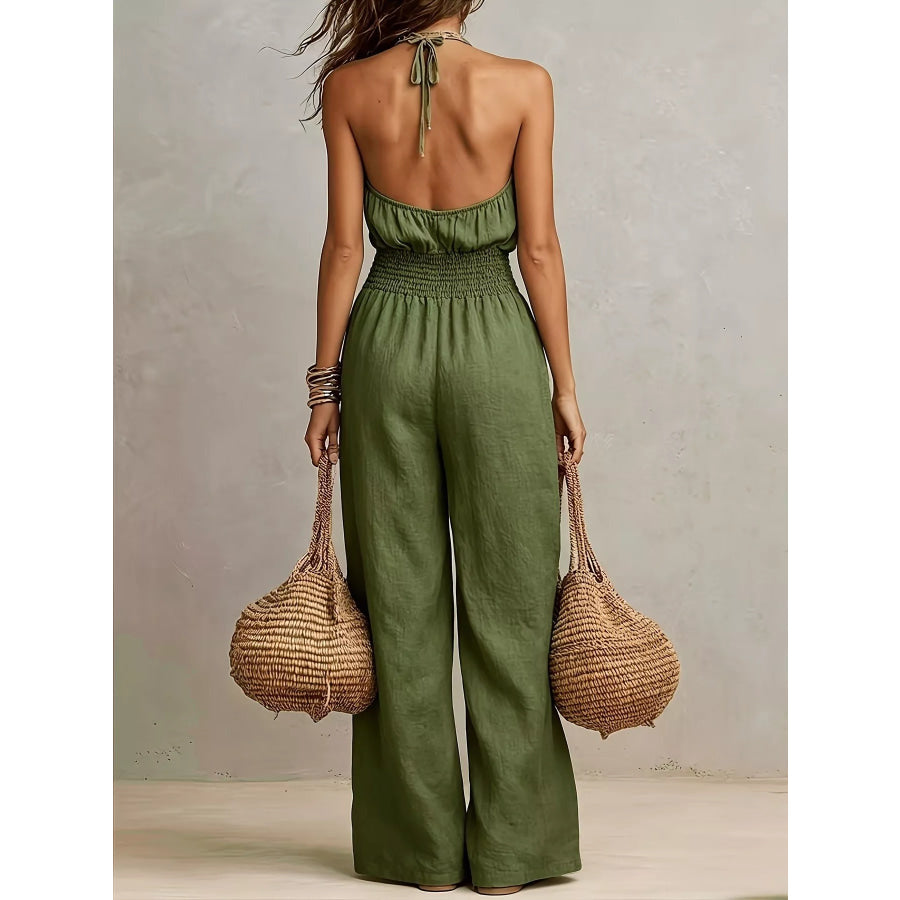 Smocked Halter Neck Wide-Leg Jumpsuit Apparel and Accessories