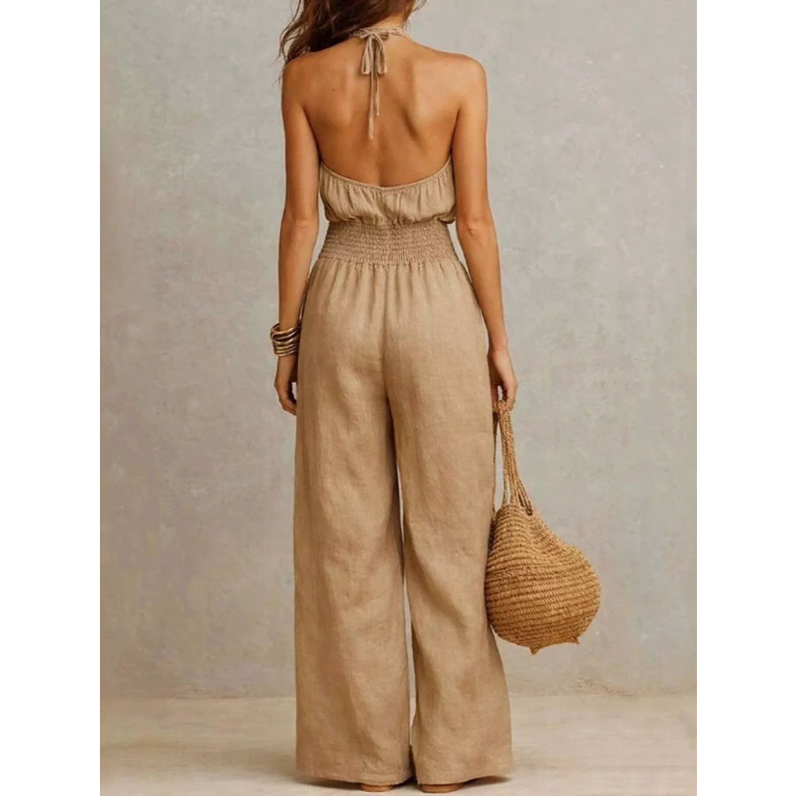 Smocked Halter Neck Wide-Leg Jumpsuit Apparel and Accessories