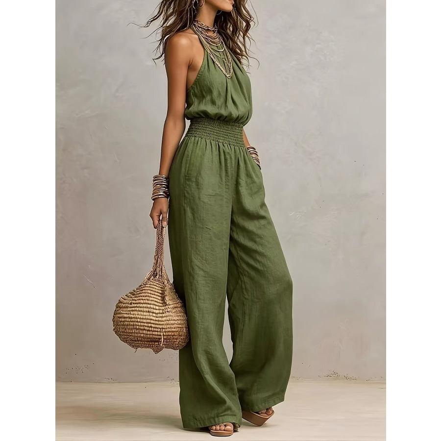 Smocked Halter Neck Wide-Leg Jumpsuit Army Green / S Apparel and Accessories