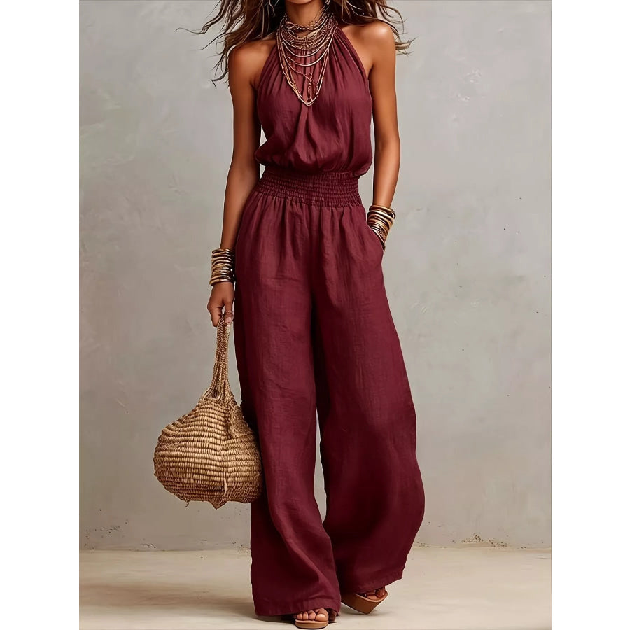 Smocked Halter Neck Wide-Leg Jumpsuit Burgundy / S Apparel and Accessories