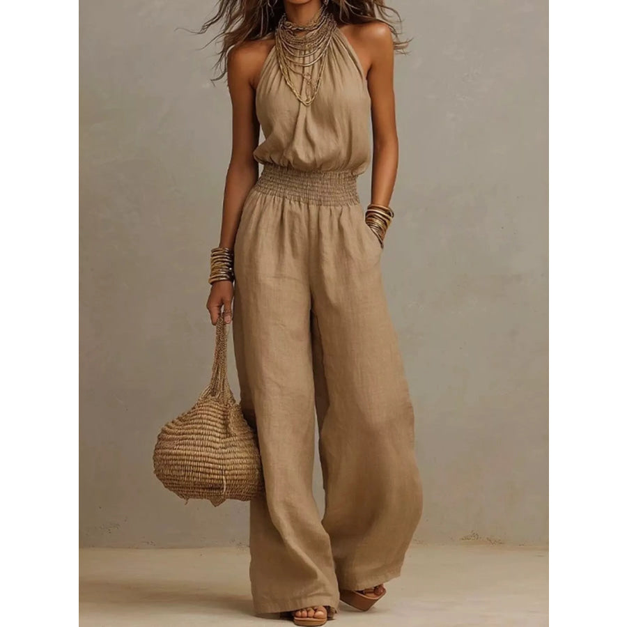 Smocked Halter Neck Wide-Leg Jumpsuit Khaki / S Apparel and Accessories