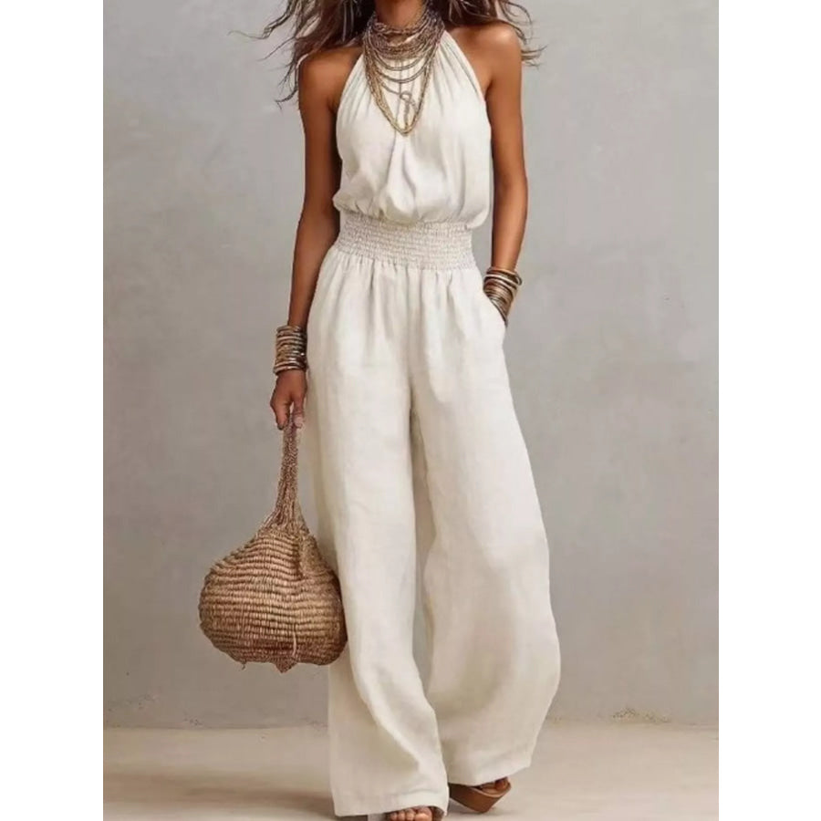 Smocked Halter Neck Wide-Leg Jumpsuit White / S Apparel and Accessories