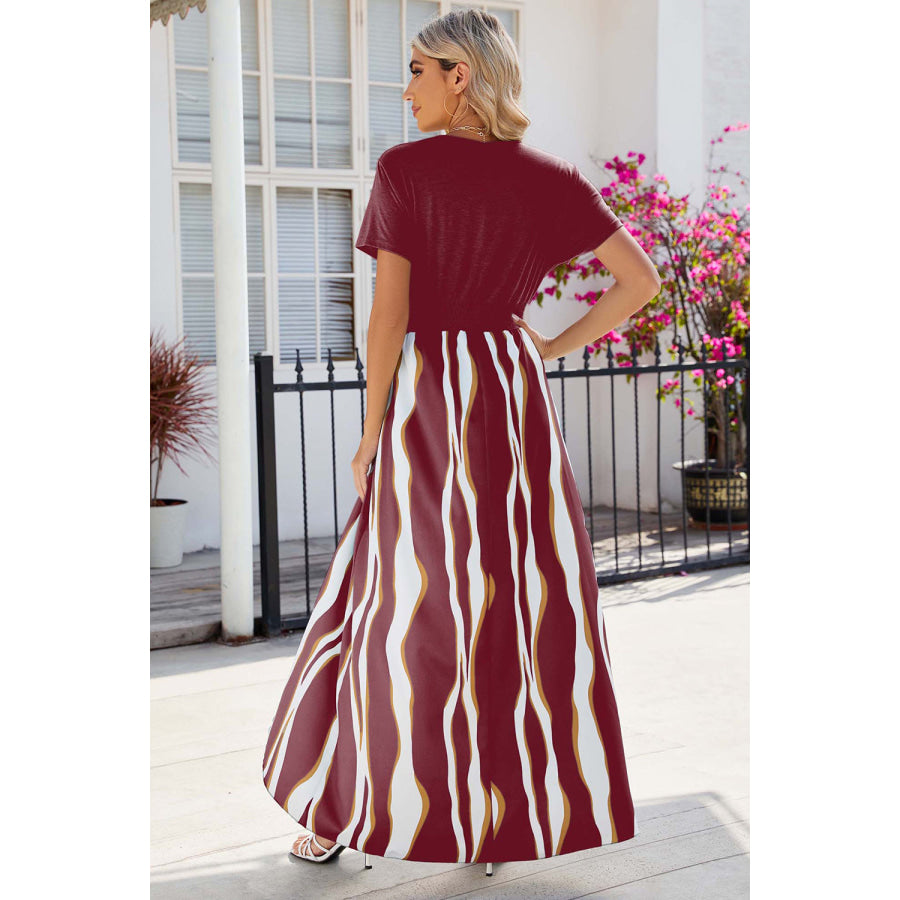 Smocked High - Low Printed Surplice Dress Deep Red / S Apparel and Accessories