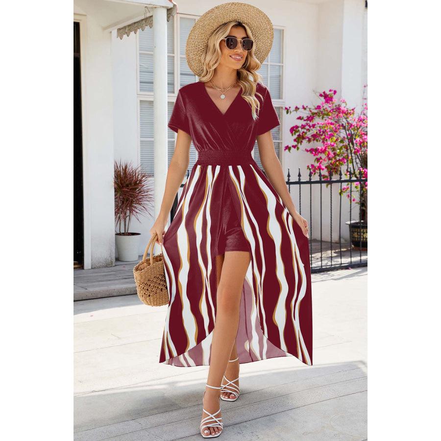 Smocked High - Low Printed Surplice Dress Apparel and Accessories