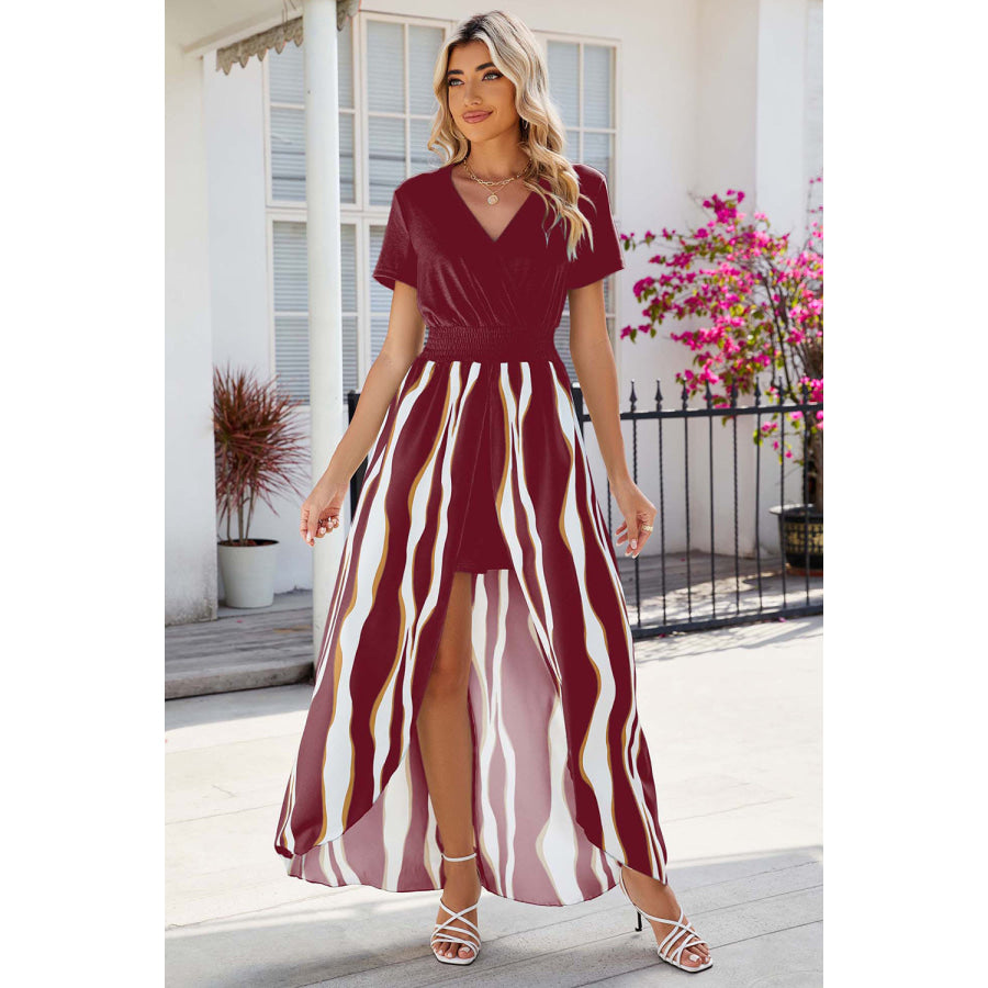 Smocked High - Low Printed Surplice Dress Deep Red / S Apparel and Accessories